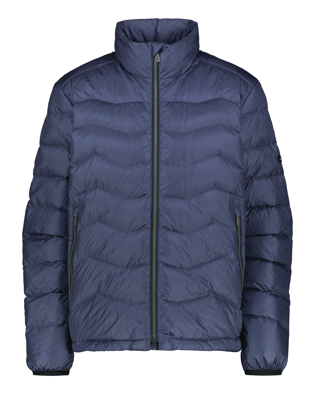 Dark blue (color: Storm) Hile light down coat with horizontal quilting, a stand-up collar, and zippered side pockets. Full-length zipper at the front.