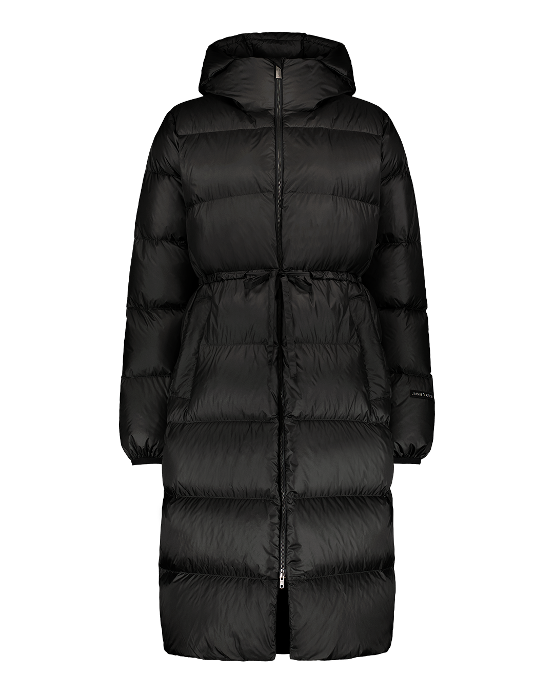 Estrid down coat in black (color name: charcoal black), photographed from the front with no background. The coat is long and heavily padded, quilted horizontally, and features a high collar and an attached hood. The front has a zipper covered by a flap. There are inset pockets on both sides.