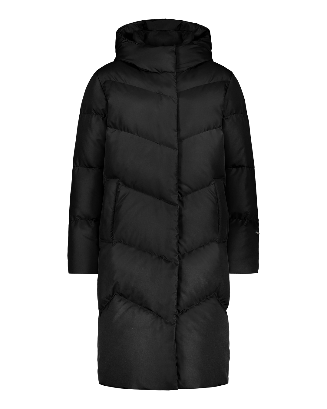 Black Reina down coat with chevron quilting, a high padded collar, and a hood. The coat is knee-length and features a concealed front zipper with side pockets.
