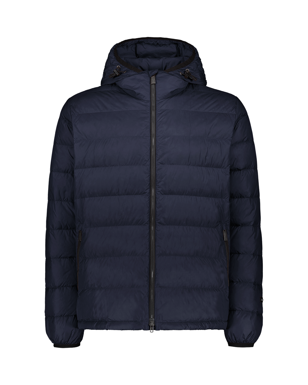 Nordic Blue Ruska light down coat with horizontal quilting and a short, fitted design. The coat features a hood with adjustable drawstrings, a full-length front zipper, and zippered side pockets.