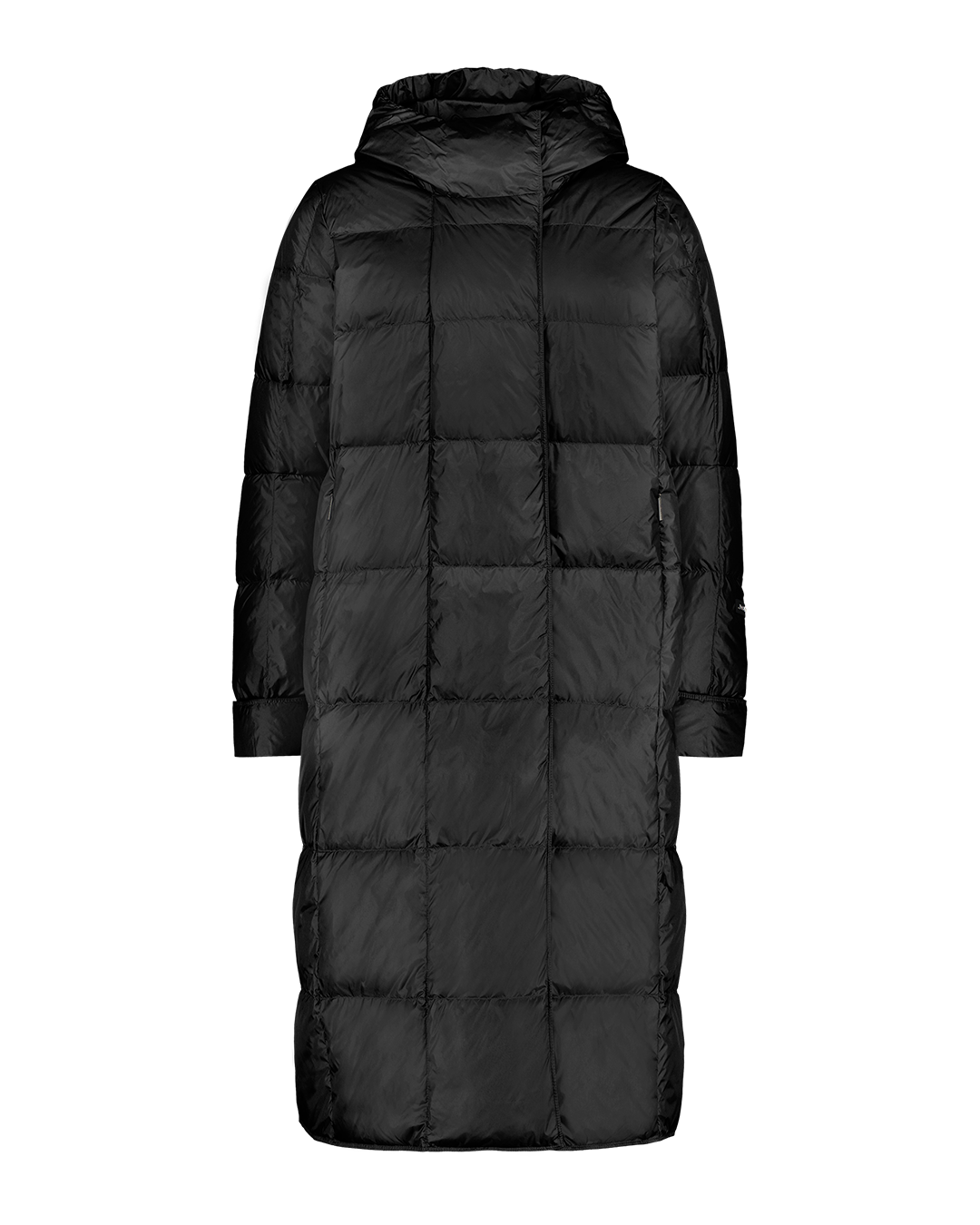 Black, long Essi light down coat (color: charcoal black) with straight square quilting, a hood, and long sleeves. Subtle front zipper and side pockets.