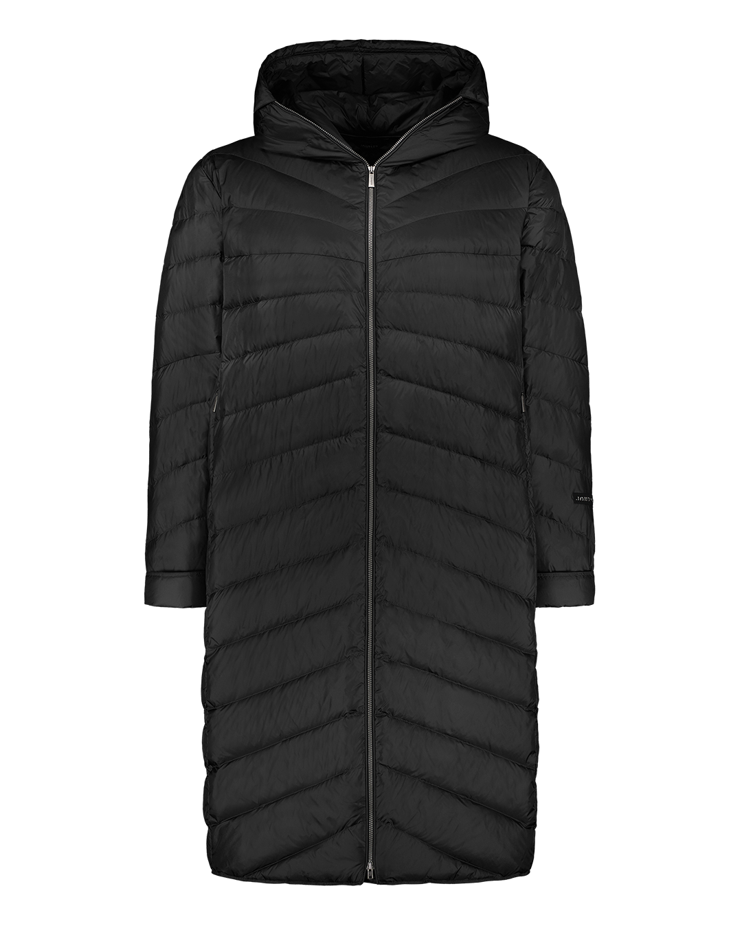 A long black Säde light down coat (color: charcoal black) with diagonal stitching, a front zipper, and a hood. The coat is photographed from the front against a plain background without a model.