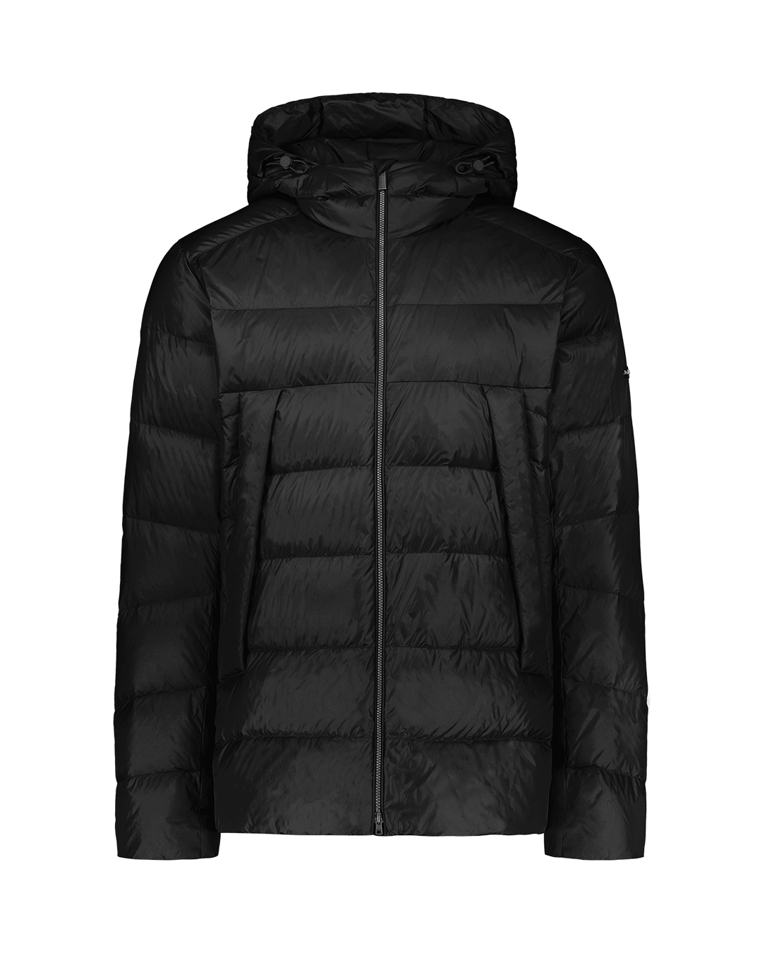 Charcoal black Valto light down coat with horizontal quilting, a hood with adjustable drawstrings, and a full-length front zipper.