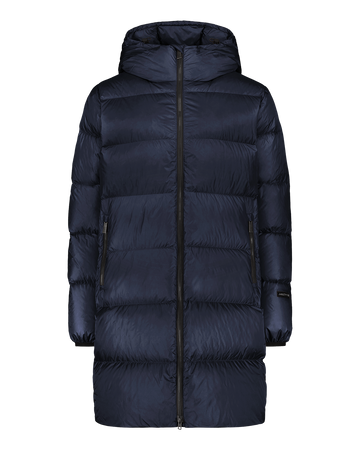 Dark blue (color: Night sky) Silvia down coat with wide horizontal quilting and a straight, knee-length design. The coat features a hood with drawstrings, a full-length zipper, and zippered side pockets.