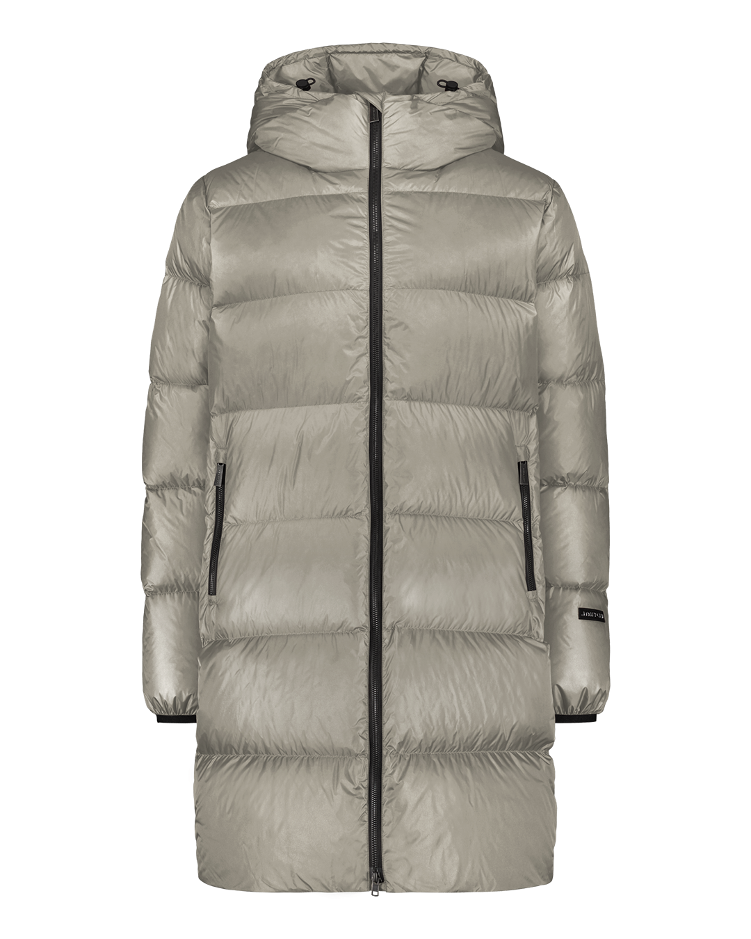 Champagne-colored Silvia down coat with wide horizontal quilting and a straight, knee-length design. The coat features a hood with drawstrings, a full-length zipper, and zippered side pockets.