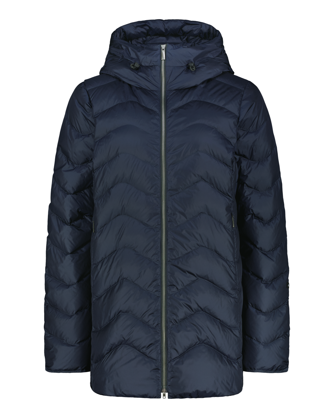 A dark navy blue (color: Night sky) hooded light down coat with a chevron quilted pattern and a front zipper.