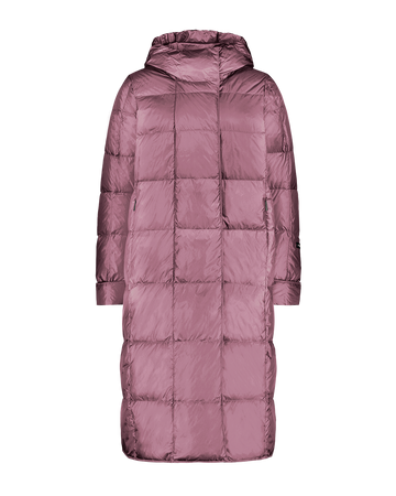 Light pink (color: Dusky orchid) long Essi light down coat for women with straight square quilting, a hood, and long sleeves. Features a discreet front zipper and side pockets.