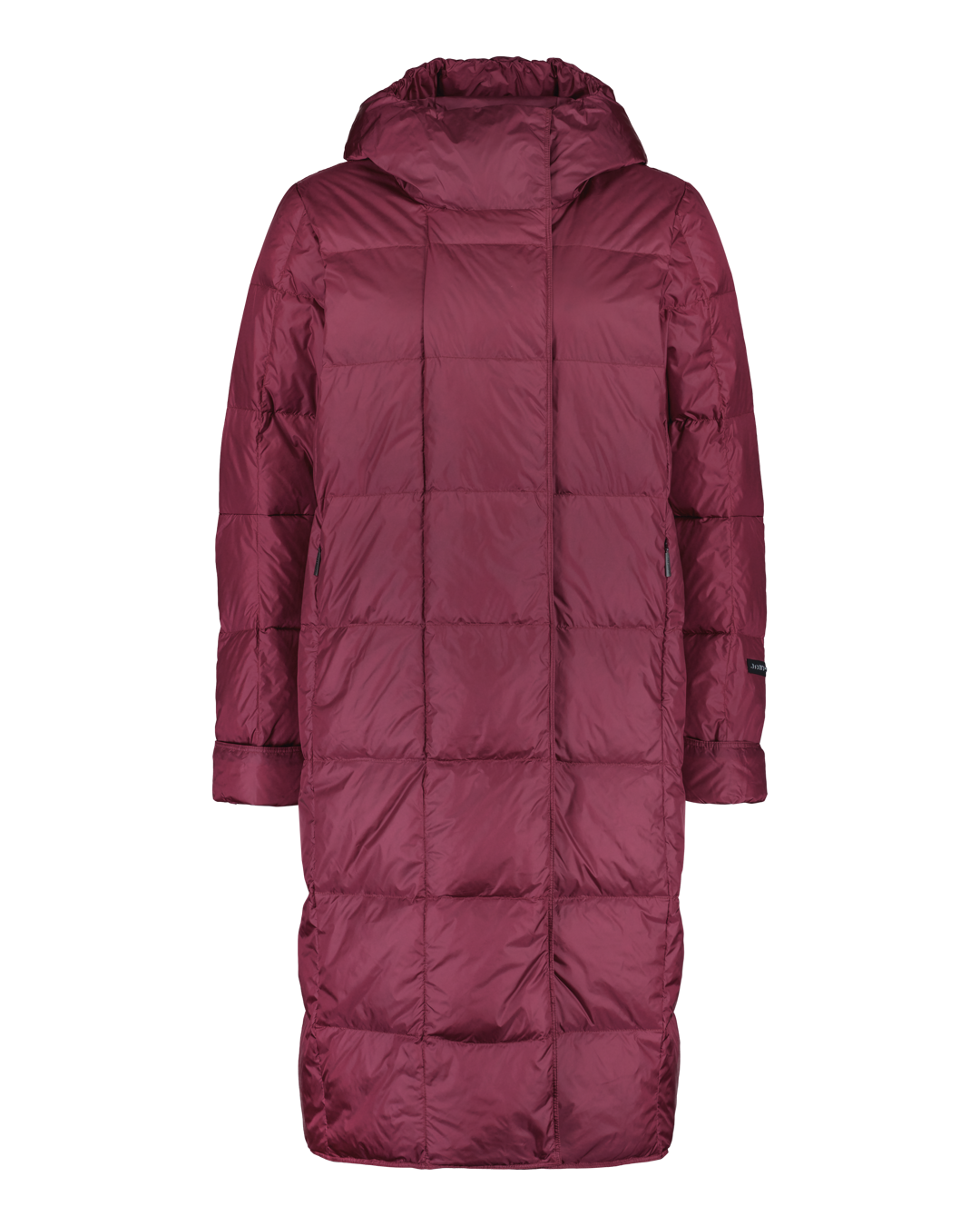 Dark red light down coat with a hood