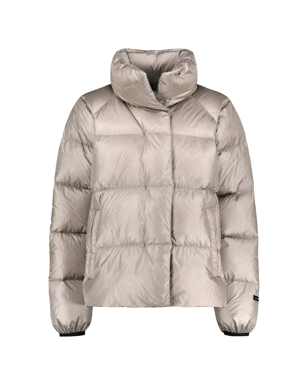 A light colored (color: champagne) down coat with a high stand-up collar, horizontal quilted baffles, and elasticated cuffs.