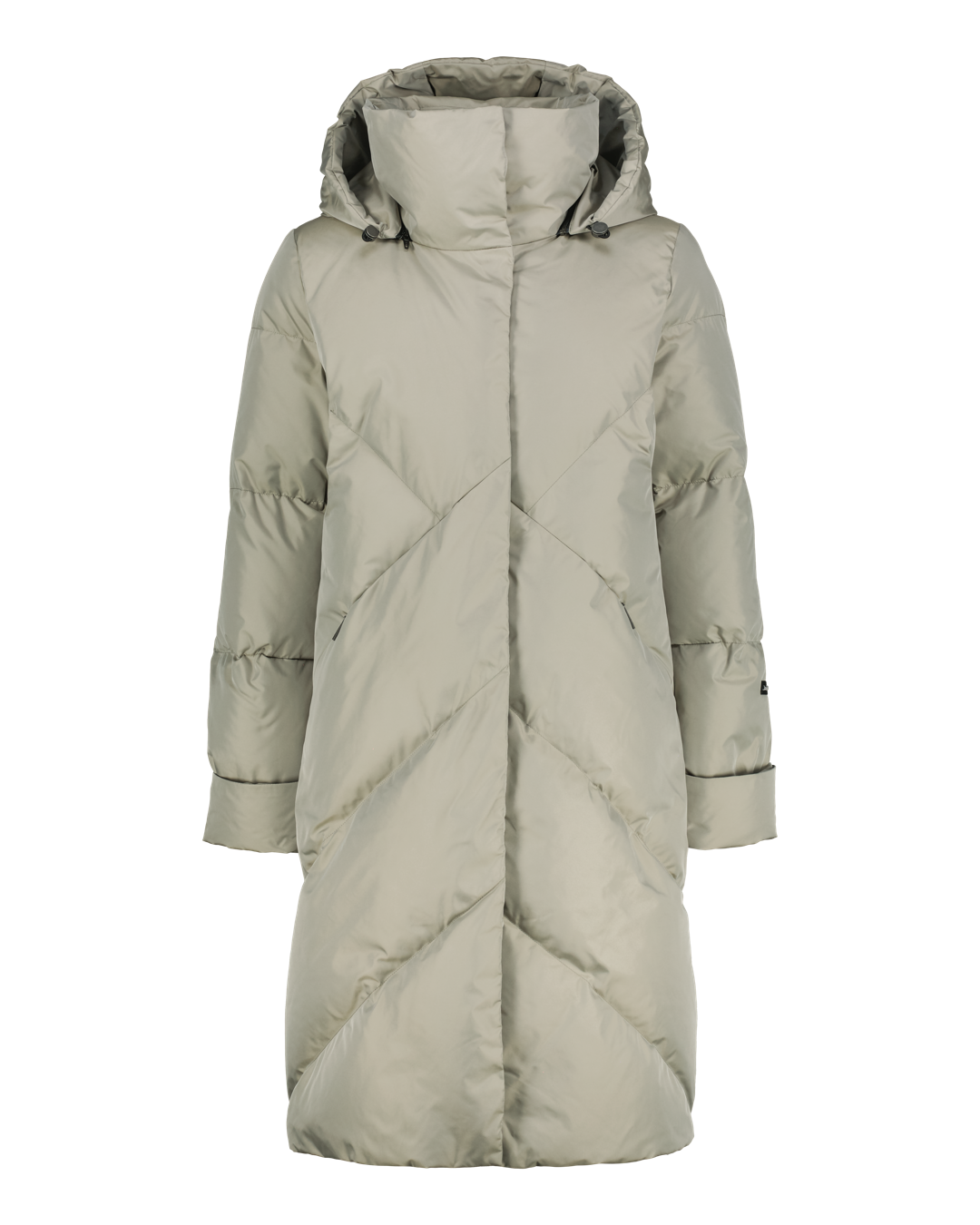 Long beige down coat with a hood