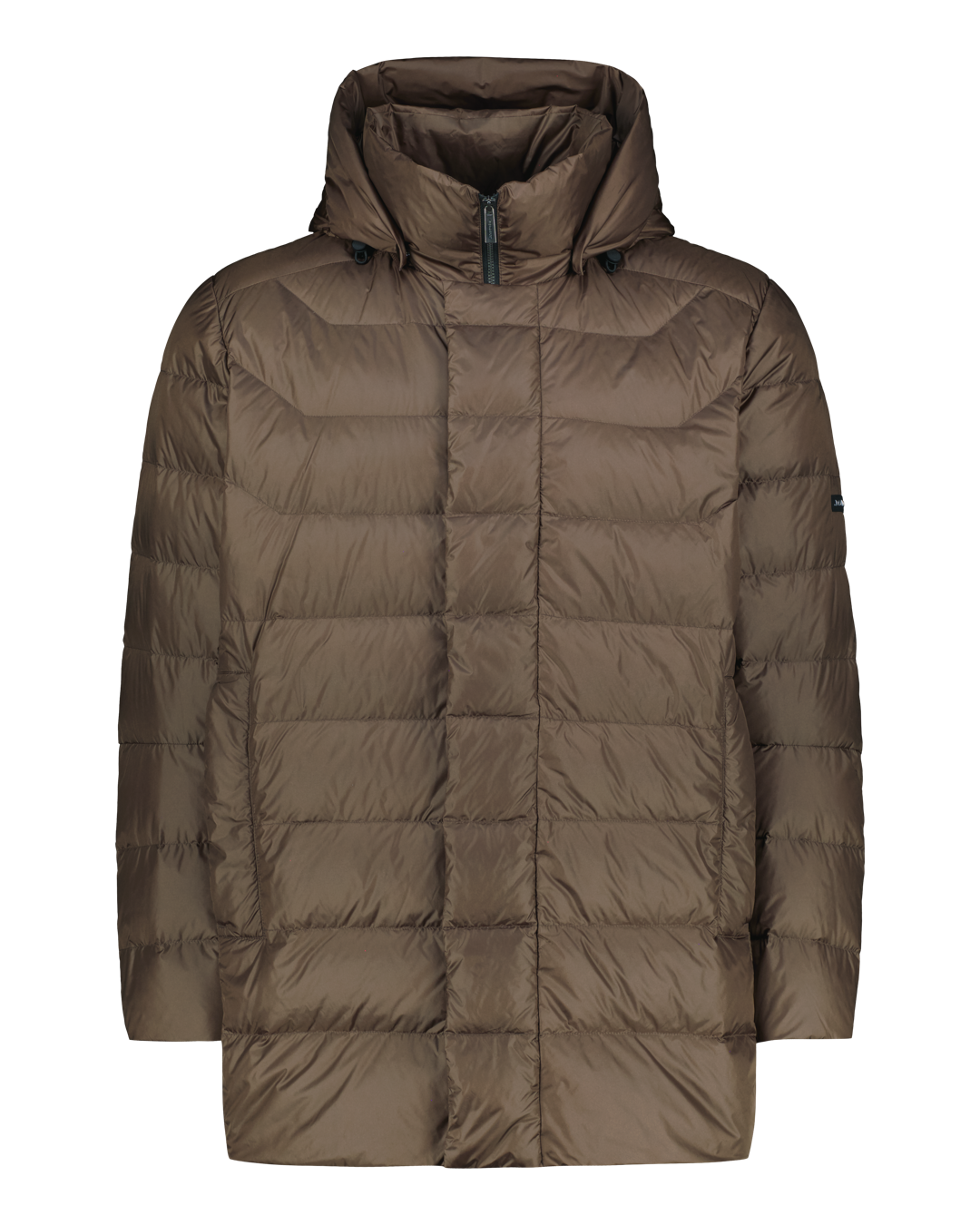 A brown (color: Coffee quarts) hooded down coat with horizontal quilting.