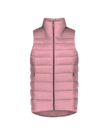 Light pink (color: Wildflower) Lady down vest for women with horizontal quilting, a high stand-up collar, and zippered side pockets. The model is slightly longer at the back.