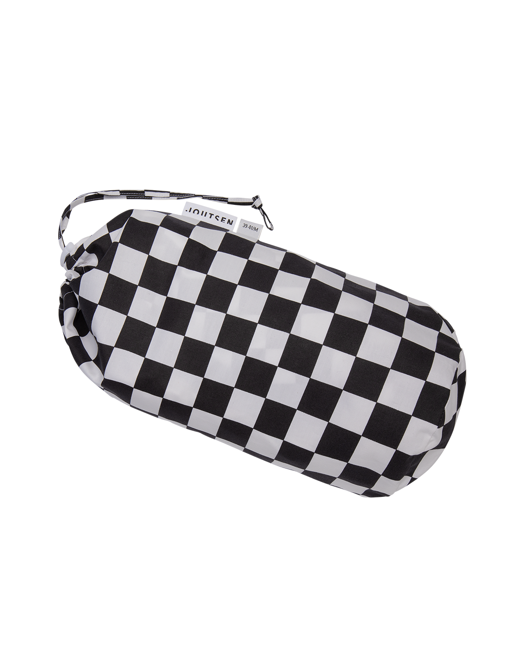 Drawstring pouch for Shakki down slippers, featuring the same black and white checkered pattern. The pouch has a fabric loop and a branded label on the side for easy storage and carrying.
