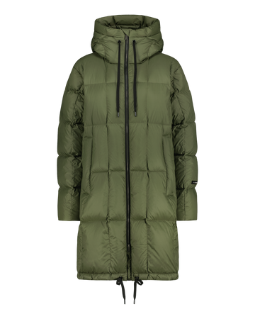 A green (color: Forest green) hooded down coat with quilting, black front zipper and drawstrings.