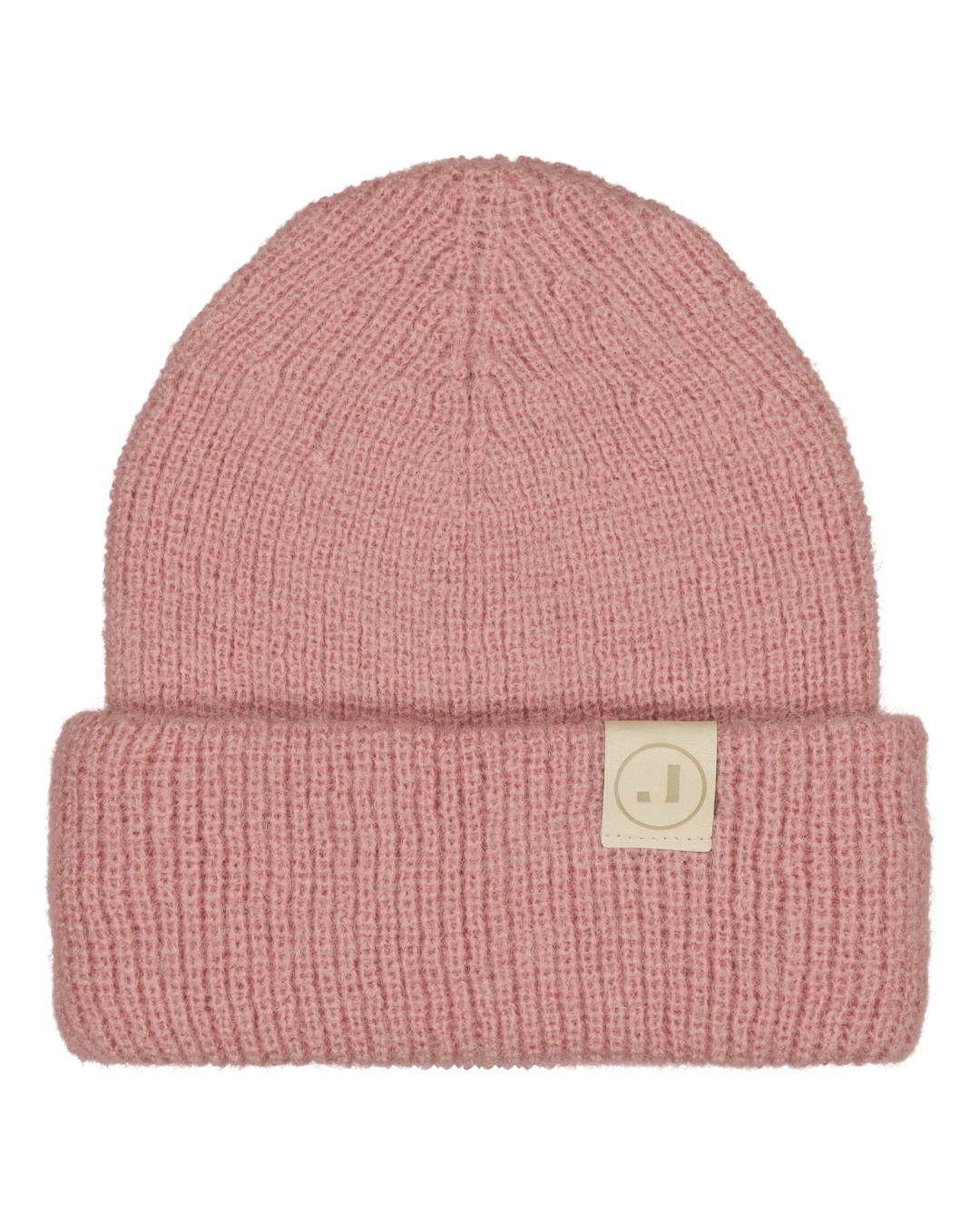 Pink knit beanie with a brand label.
