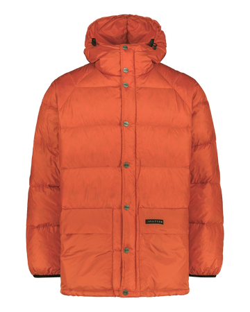 Orange down coat with a brand logo on a white background