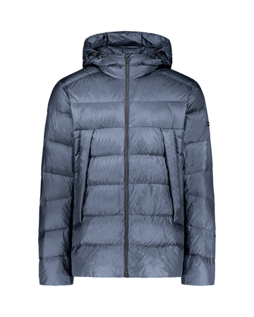 Blue (color: Storm) Valto light down coat for men with a hood featuring horizontal quilting, a zipper closure, and large front pockets.