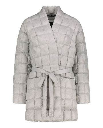 Quilted down jacket with a belt on a white background