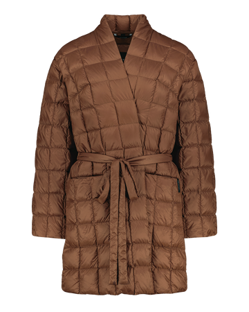Brown quilted down jacket with a belt on a white background