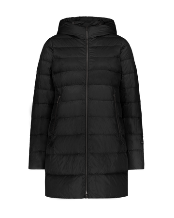 Black, mid-thigh length Ruut light down coat (color: charcoal black) with horizontal quilting, a hood, and zippered pockets. The coat is photographed from the front without a model or background.