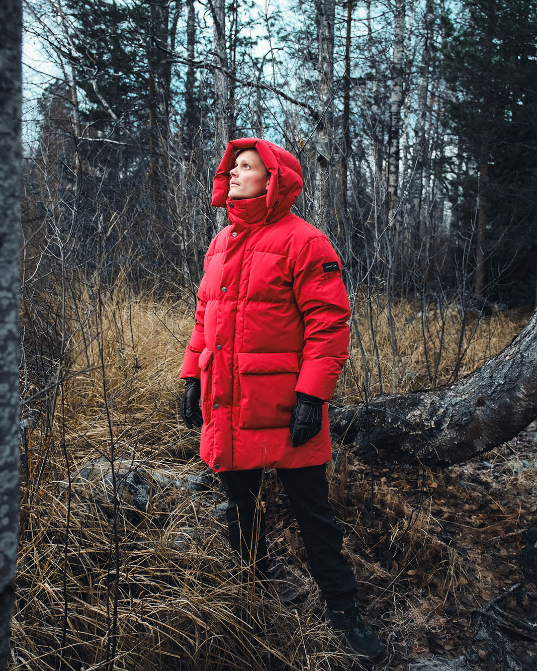 Person wearing a red down coat standing in a forest with bare trees and dry grass.