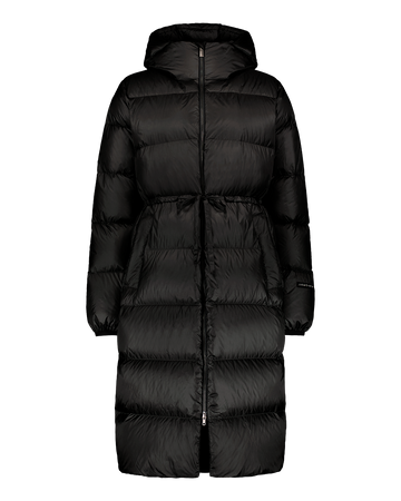 Estrid down coat in black (color name: charcoal black), photographed from the front with no background. The coat is long and heavily padded, quilted horizontally, and features a high collar and an attached hood. The front has a zipper covered by a flap. There are inset pockets on both sides.