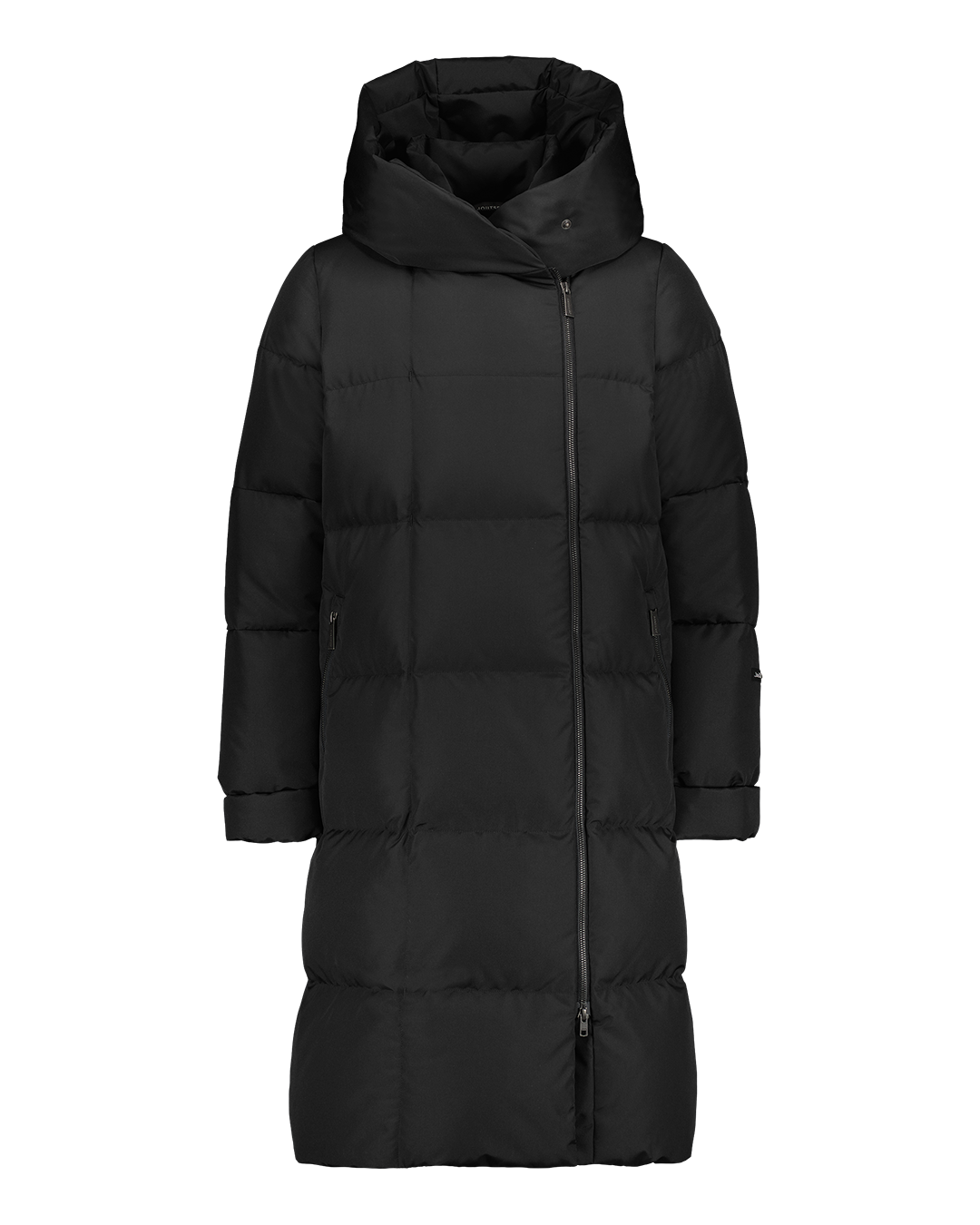 Black Lovisa down coat with square quilting, a large wrap-style hood, and an asymmetrical front zipper. The coat is knee-length with side zippered pockets.
