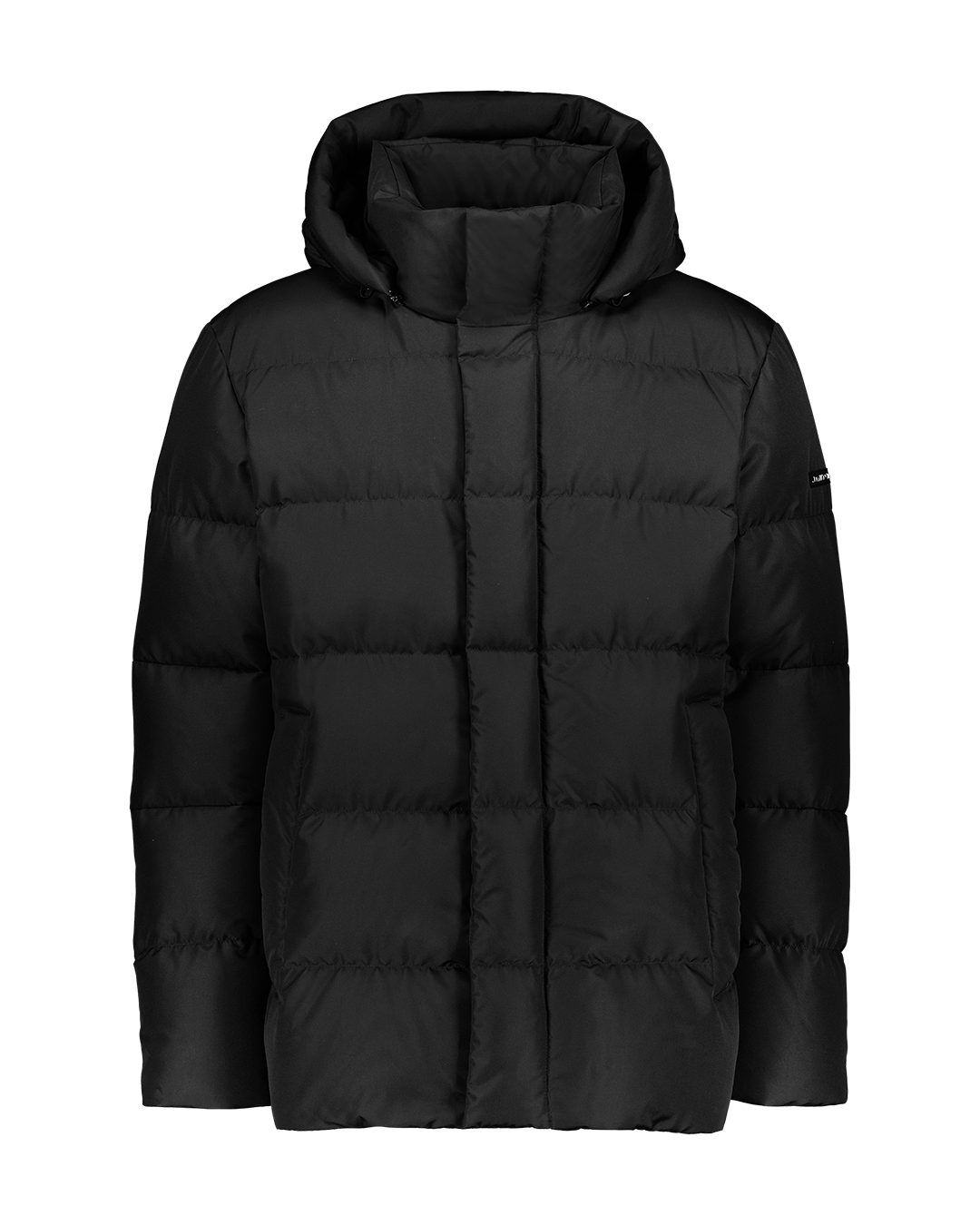Black Onyx Paju down coat with square quilting, a high padded collar, and an attached hood. The coat features a front closure with a covered zipper and side pockets.