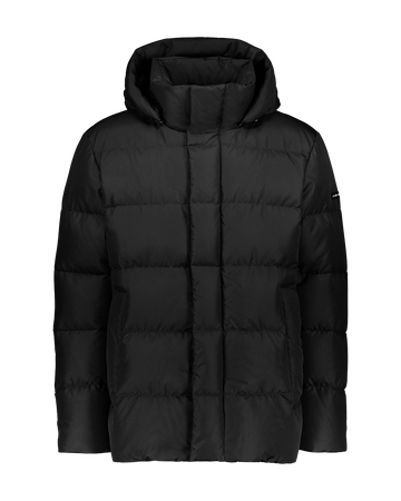 Black Onyx Paju down coat with square quilting, a high padded collar, and an attached hood. The coat features a front closure with a covered zipper and side pockets.