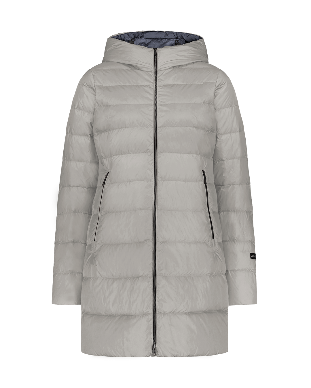 Light colored light down coat with a hood