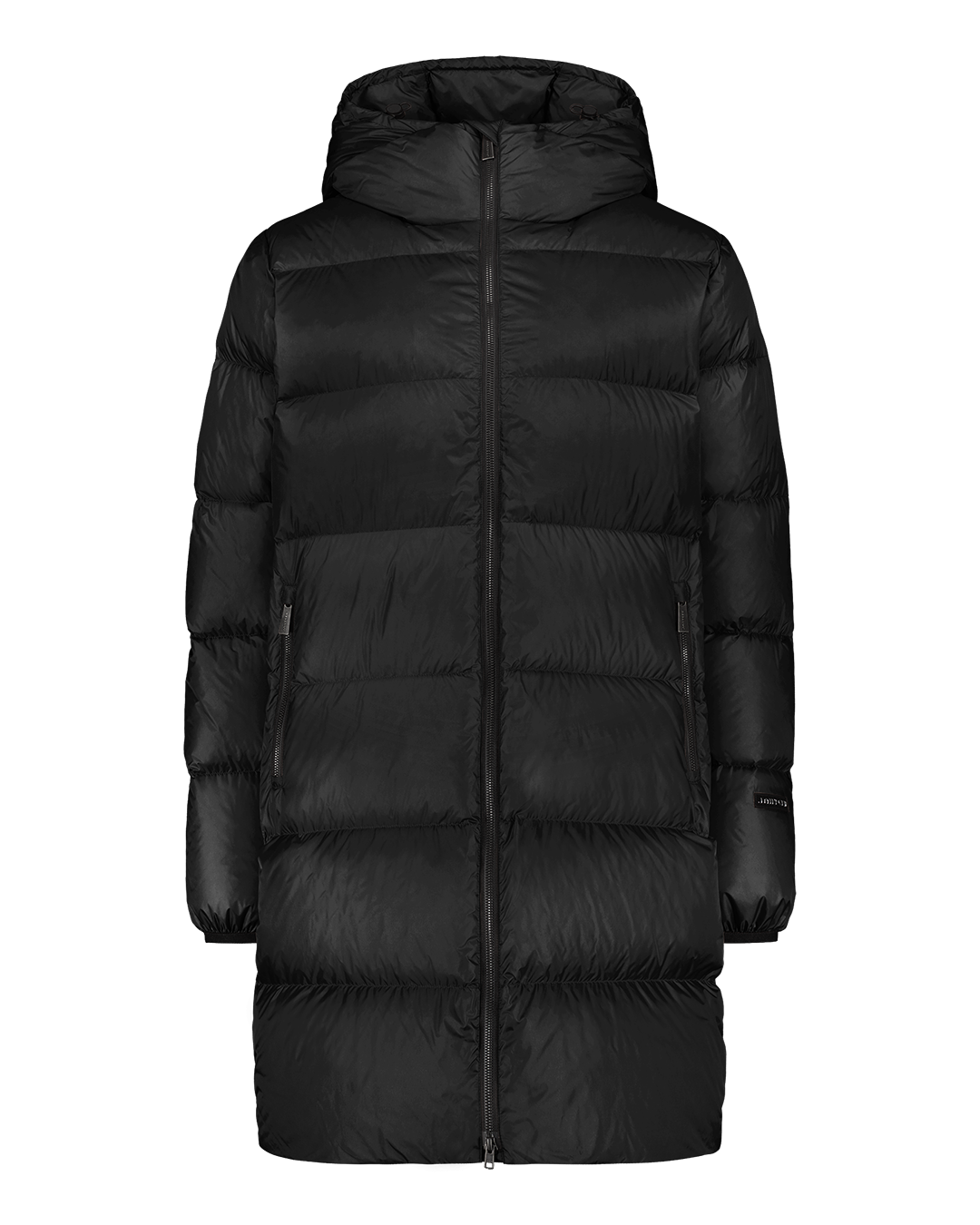 Black Silvia down coat with wide horizontal quilting and a straight, knee-length design. The coat features a hood with drawstrings, a full-length zipper, and zippered side pockets.