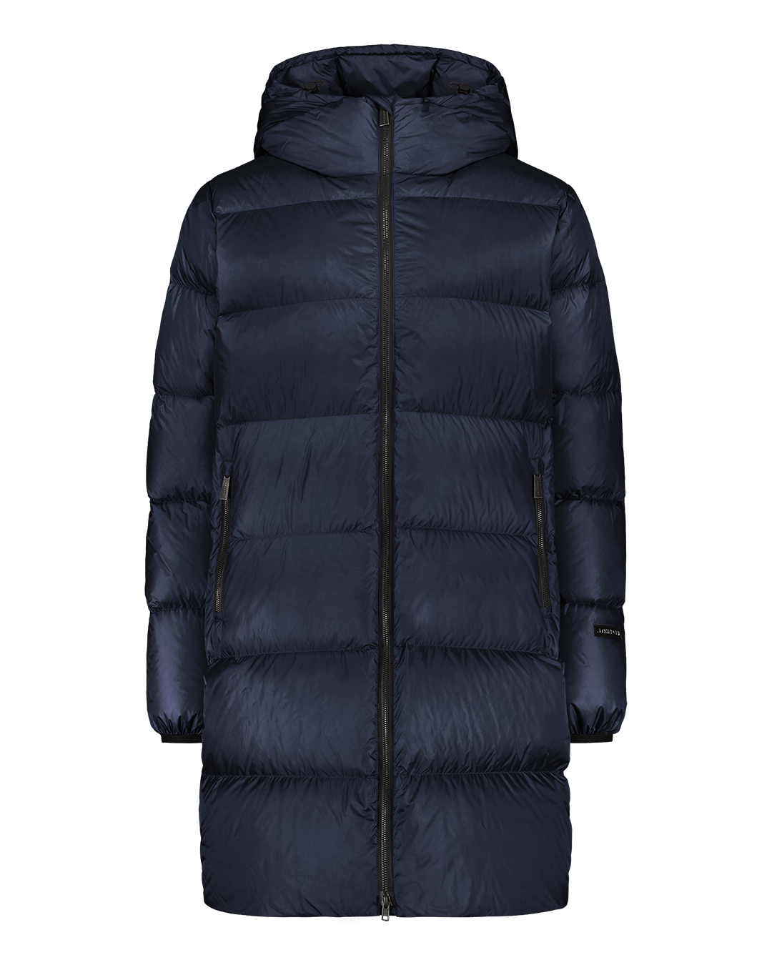 Dark blue (color: Night sky) Silvia down coat with wide horizontal quilting and a straight, knee-length design. The coat features a hood with drawstrings, a full-length zipper, and zippered side pockets.