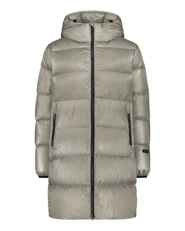 Champagne-colored Silvia down coat with wide horizontal quilting and a straight, knee-length design. The coat features a hood with drawstrings, a full-length zipper, and zippered side pockets.
