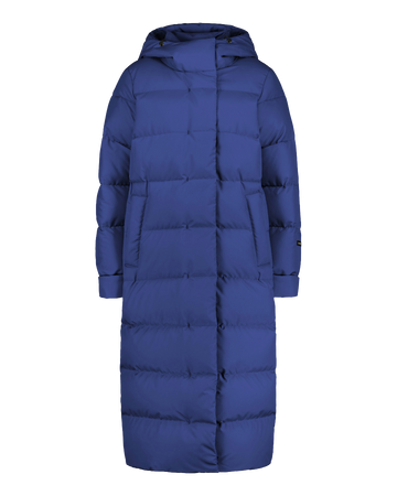 Blue (color: Indigo) Blenda down coat with square quilting, a long ankle-length design, and an attached hood. The coat features a concealed front zipper with a clean, minimal look.