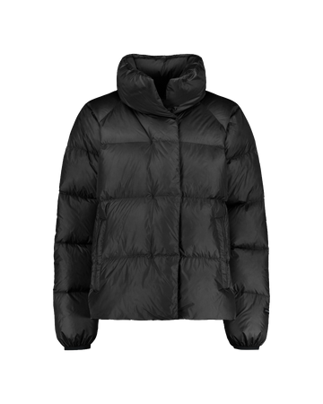Black Hildur down coat is a short model with wide horizontal quilting, a high collar, and a front zipper hidden under a placket.