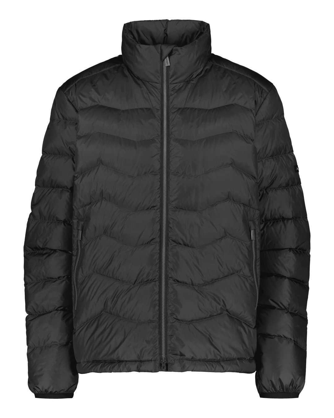 A black (color: Charcoal black) Hile lightt down coat with horizontal quilting, a stand-up collar, and zippered side pockets. Full-length zipper at the front.
