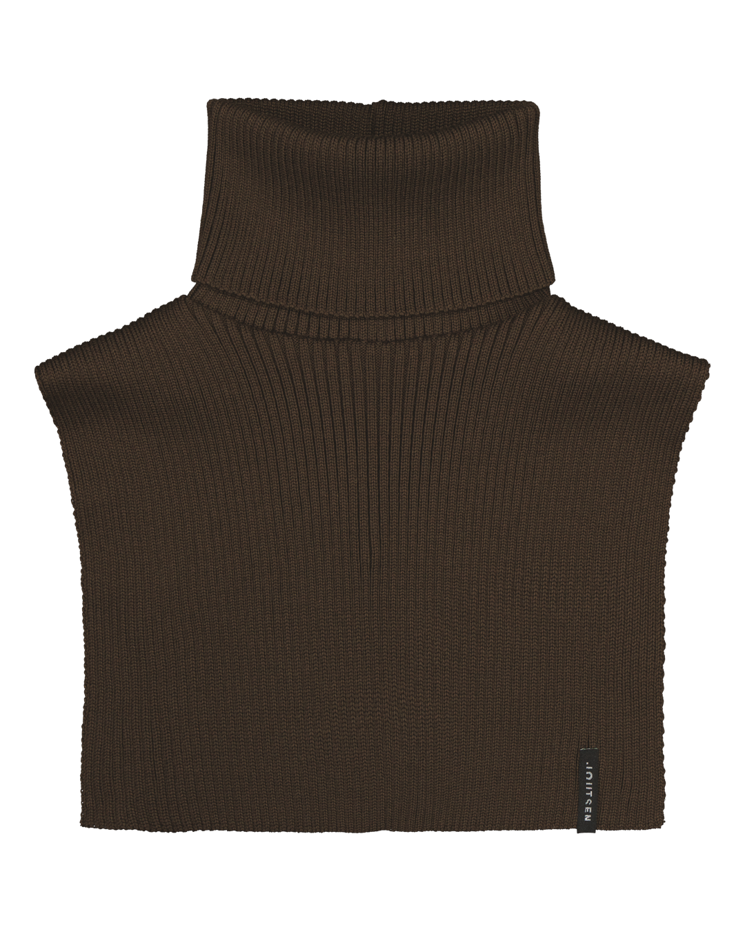 Brown ribbed knit neck warmer with a brand label