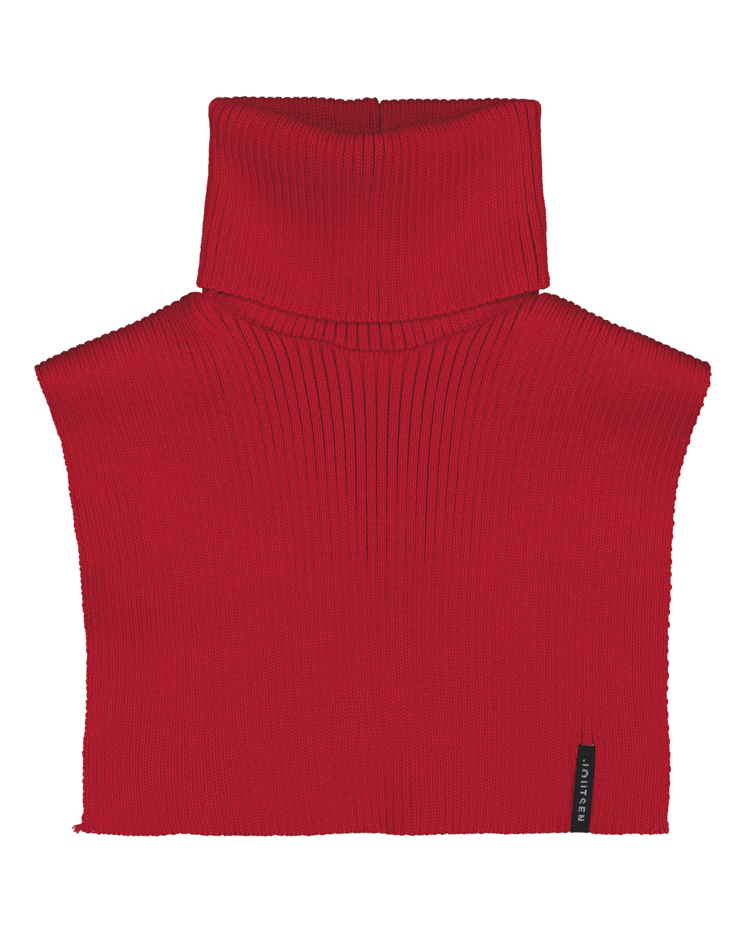 Red ribbed knit neck warmer with a brand label