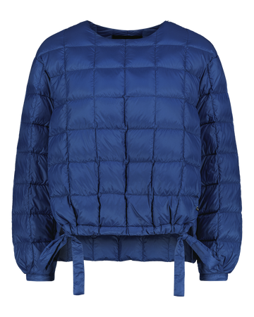 Blue down shirt with tied sleeves on a white background