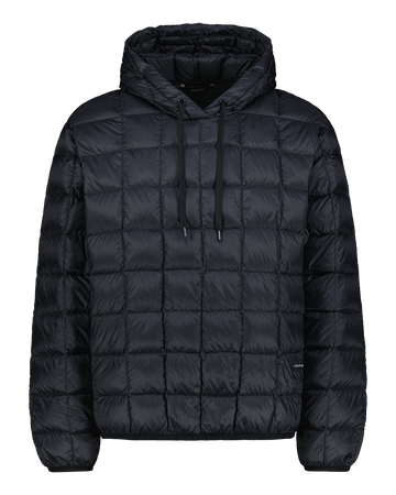 Black down hoodie on a white background
