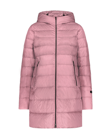 The pink, mid-thigh length Ruut light down coat (color: Wildflower) features horizontal quilting, a hood, and zippered pockets. The coat is photographed from the front without a model or background.
