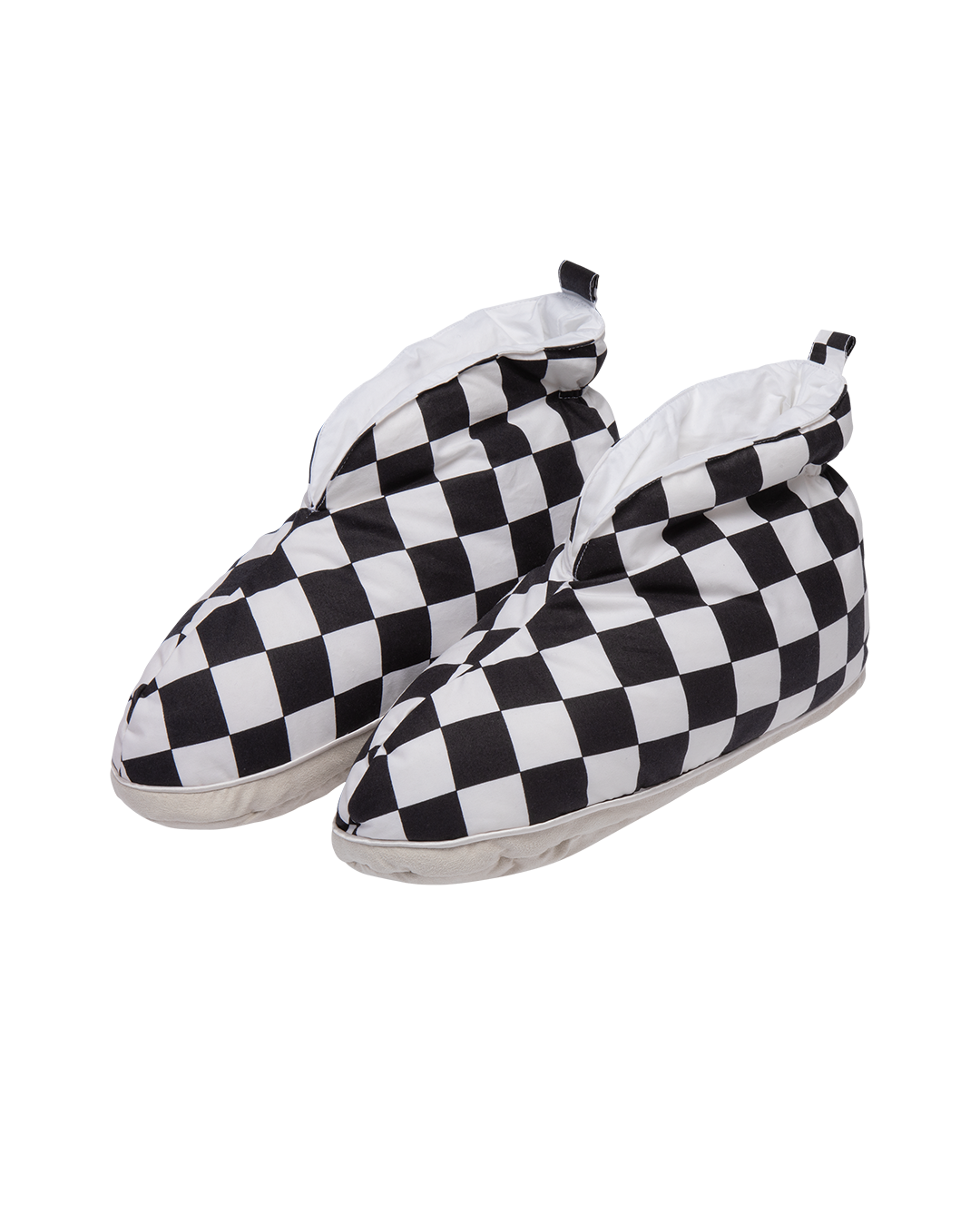 Shakki down slippers with a black and white checkered pattern. The slippers have a soft, padded design for warmth and comfort, with light-colored soles and small pull loops at the back.