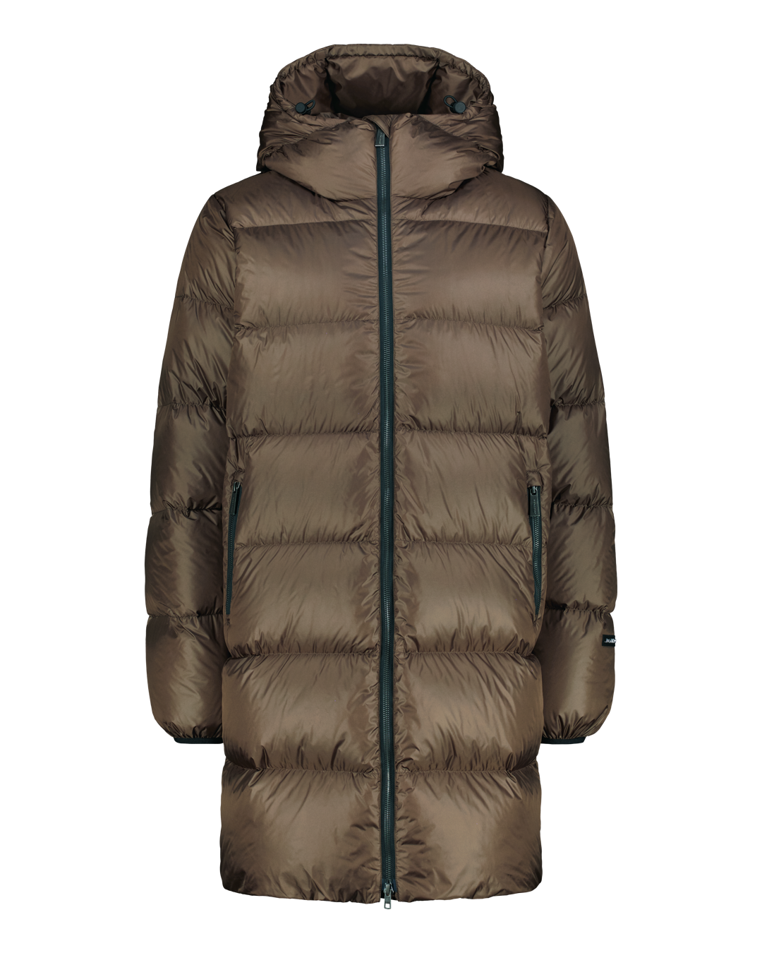 A mid-length hooded down jacket in a dark brownish-olive color, featuring horizontal quilting, a full front zipper, and zippered hand pockets