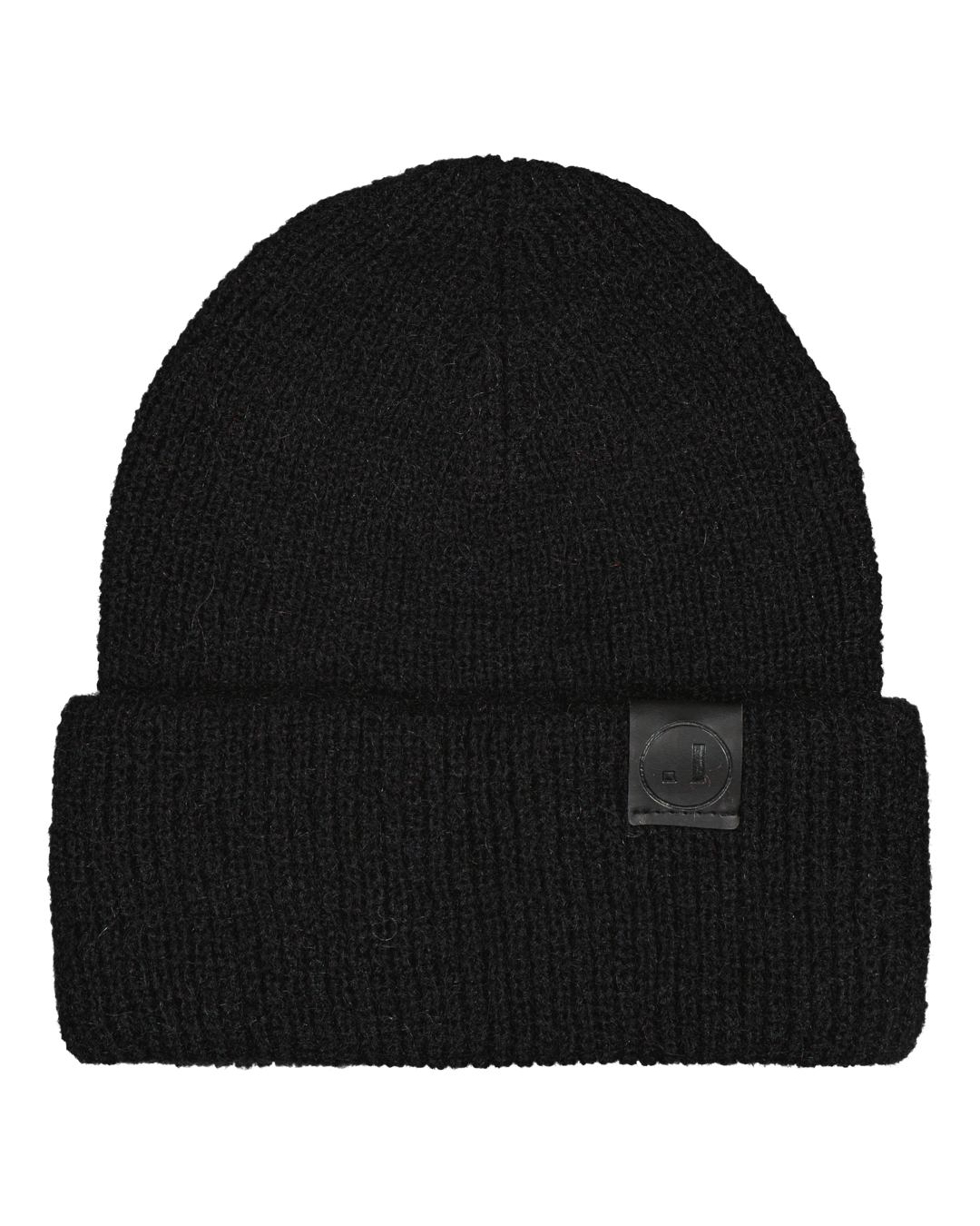 Black beanie with a brand logo.