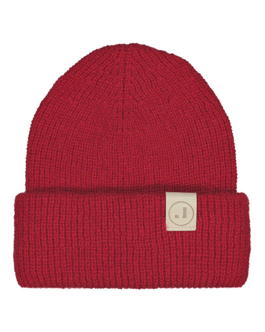 Red knit beanie with a brand label 
