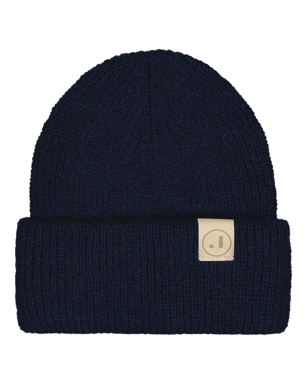 Navy blue beanie with a beige brand label 