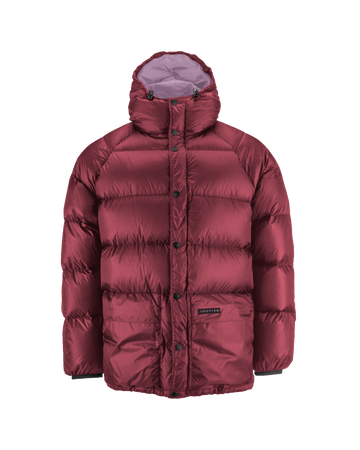 Red (color: Red wine) and light purple (color: Dusky orchid) Tauko Limited Edition down coat is a short, thickly padded model with wide horizontal quilting, a snap-button front placket, and a hood with drawstrings.
