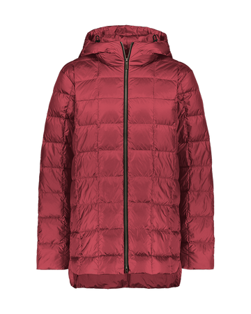 Burgundy (color: Red wine) Tulppaani light down coat for women with square quilting, a zipper closure, and a hood with drawstrings. 