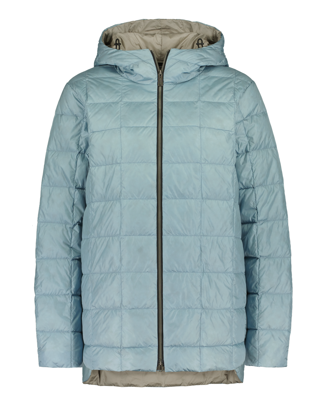 Light blue quilted light down coat with a hood 