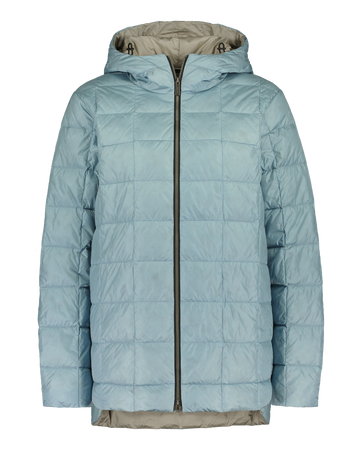 Light blue quilted light down coat with a hood 